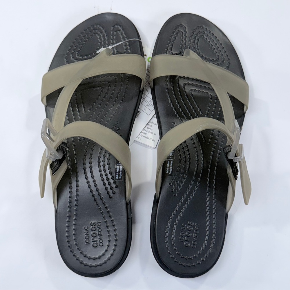 NEW Crocs Tulum Translucent Toe Post Sandals Womens 6 Black Slip On Minimalist